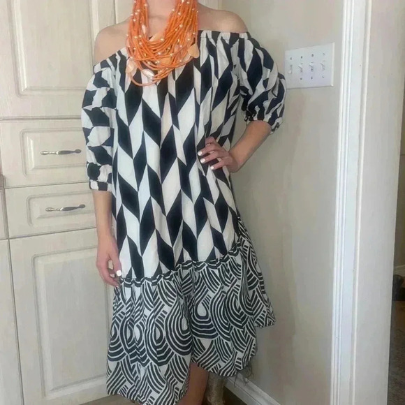 Patricia Nama dress geometric pattern designer black white mini babydoll - Picture 7 of 12